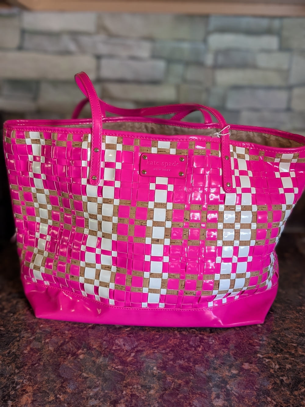 kate spade Hot Pink Woven Tote with White and Tan Accents